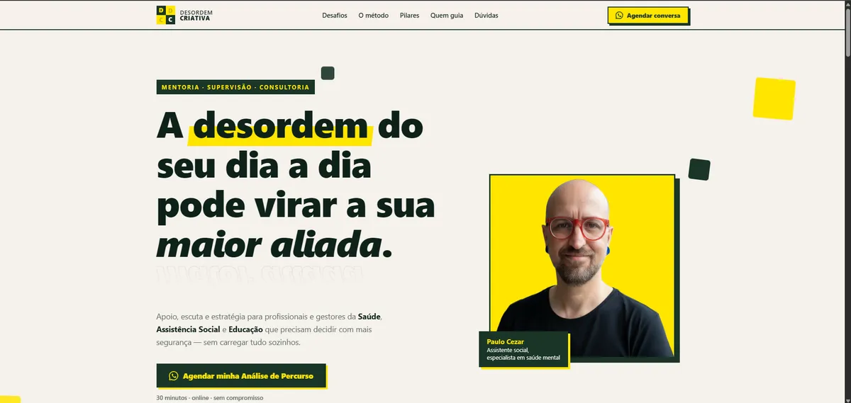 Captura de tela da landing page da Desordem Criativa, projeto desenvolvido pela InaR Design