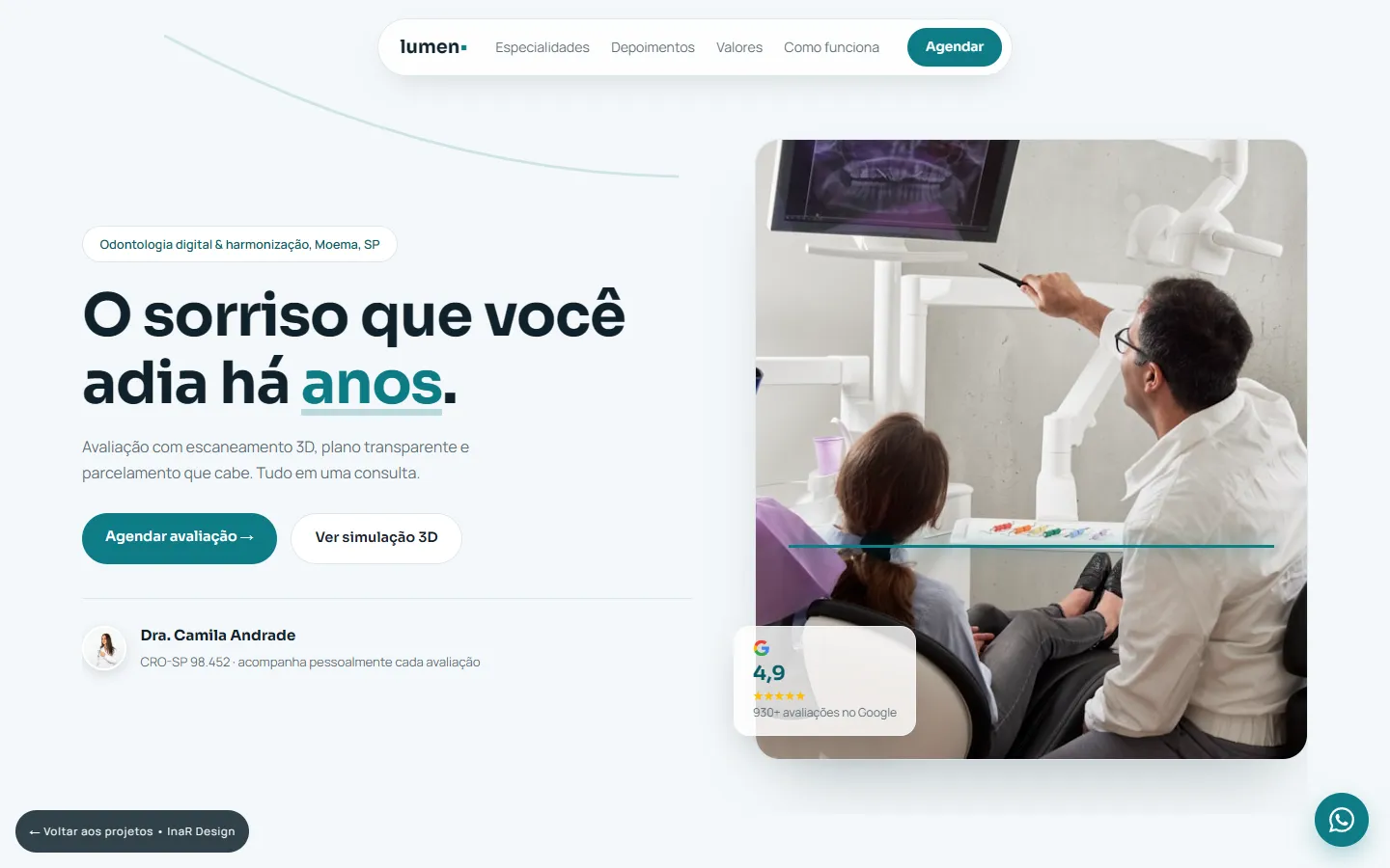 Tela inicial do projeto conceito Lumen, para uma clínica odontológica
