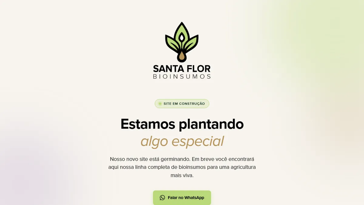 Captura de tela da página de pré-lançamento da Santa Flor Bioinsumos, com logotipo criado pela InaR Design e canais de contato