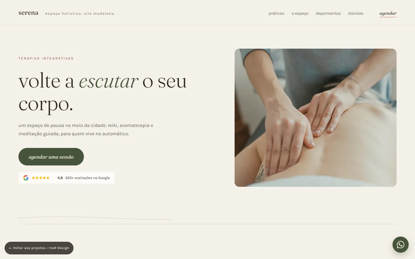Tela inicial do projeto conceito Serena, para um espaço de terapias integrativas