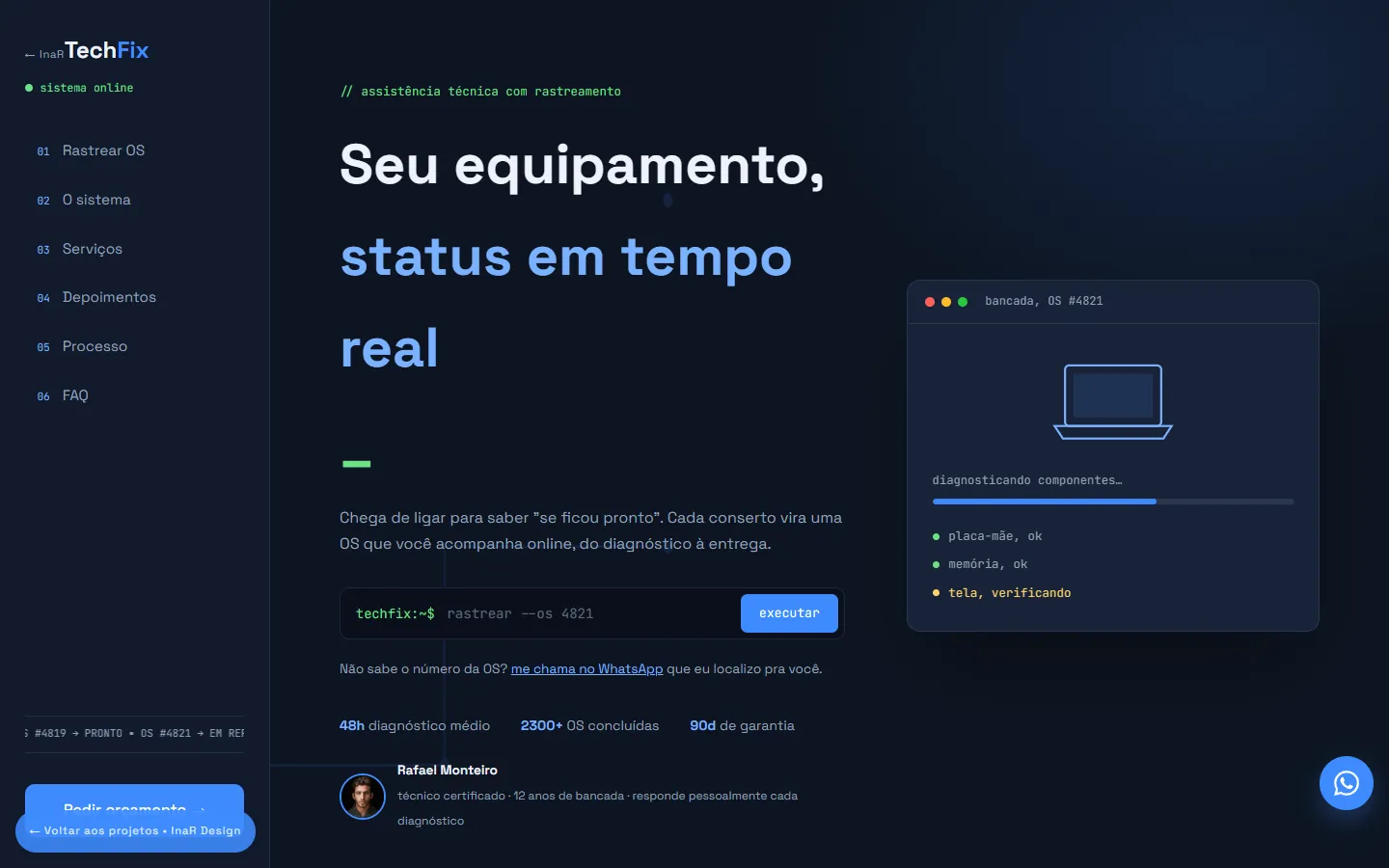 Tela inicial do projeto conceito Techfix, para uma assistência técnica